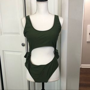 Military Green One Piece Swimsuit with Cutouts